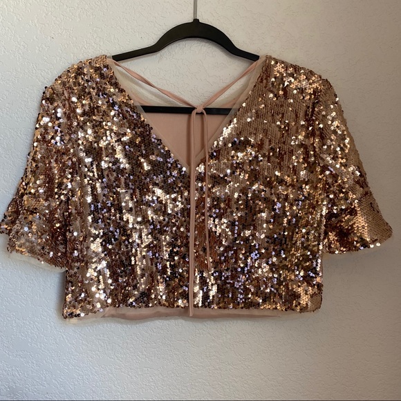 Lulu's Rose Gold Sequin Crop Top Bell Sleeves - Picture 5 of 7